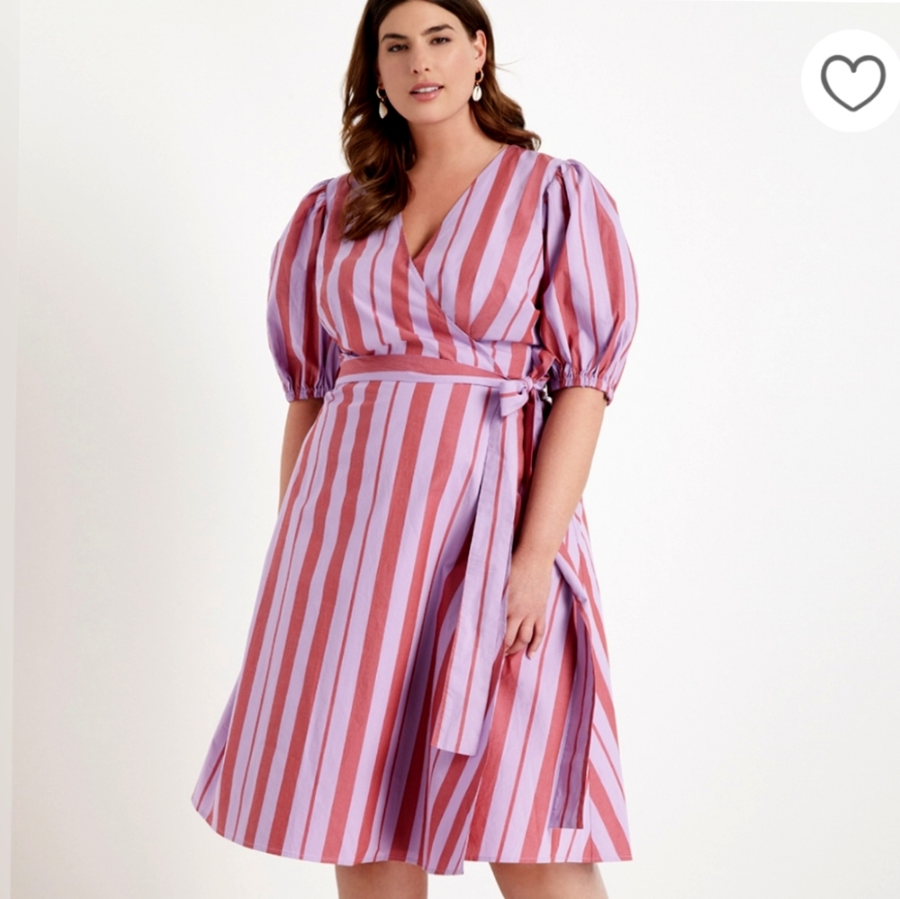 Eloquii Puff Sleeve Striped Wrap Dress